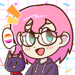a picrew profile picture of a girl with pink hair and 
      glasses next to a cat. the girl has a speech bubble with the lesbian flag in it.